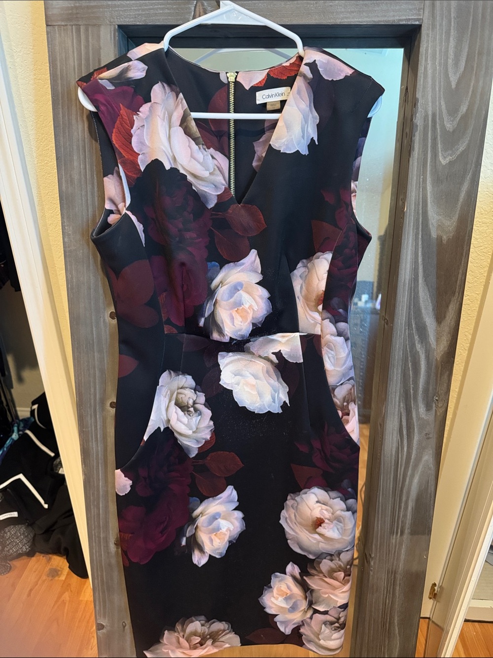 Calvin Klein Black Floral Midi Dress with White & Burgundy Blooms